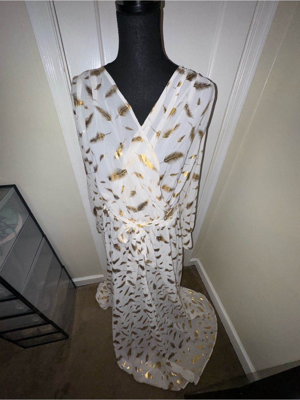 White Maxi Wrap Dress with Gold Feather Motif